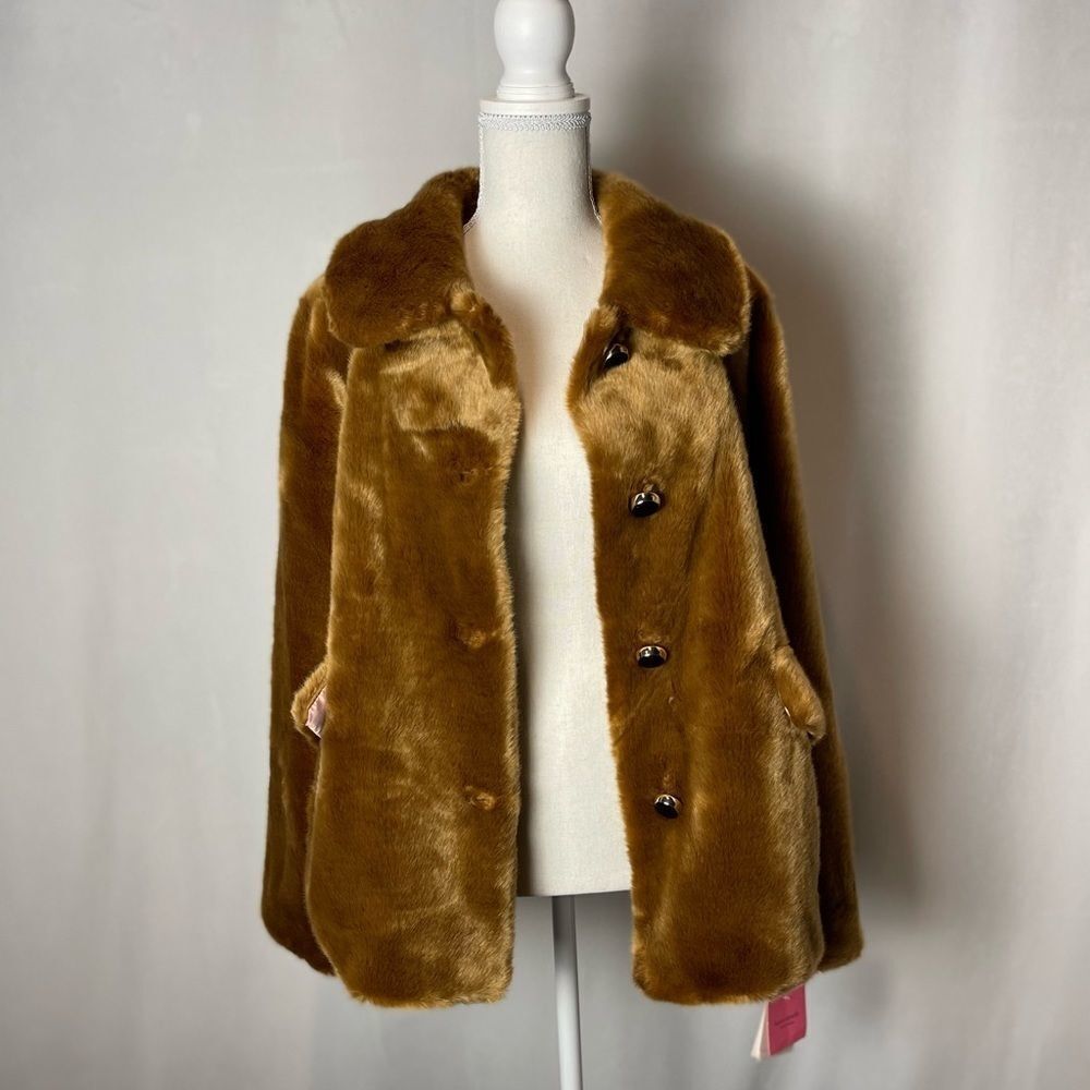 Kate Spade Caramel Brown Faux Mink Fur Coat with Silky Pink Lining SZ L NWT - Picture 4 of 16